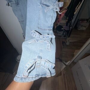 Light Blue Straight Leg Jeans with Bow Accents